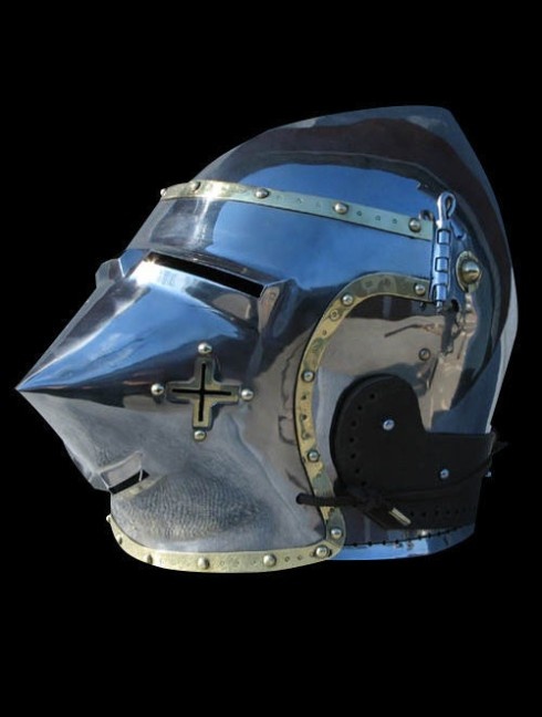 Bascinet hounskull with brass decoration and cross on the cheek Corazza