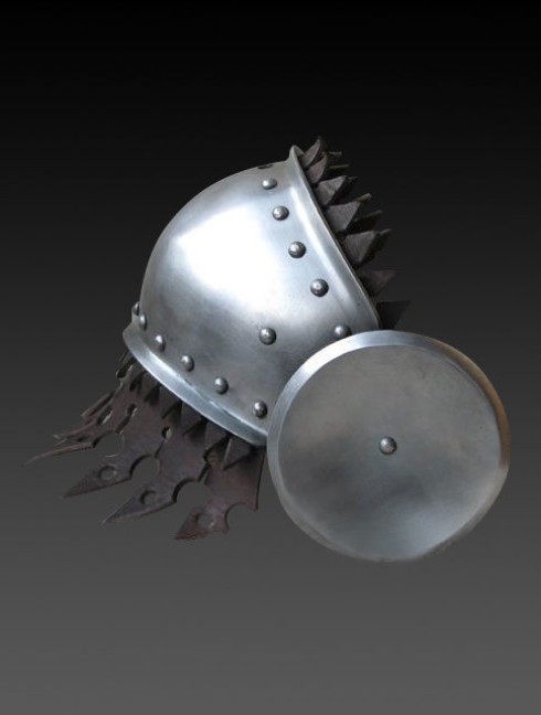 Knee cap with chased rondel Metal leg protection
