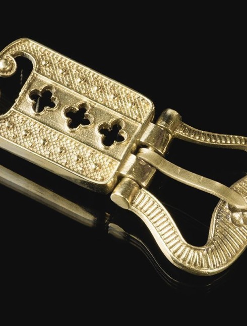 Medieval decorative bronze buckle with mount Cast buckles