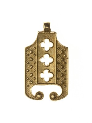 Medieval openwork decorated metal belt strapend Strapends