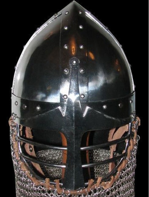 Conical spangen helmet of the XII century with bar grill Corazza