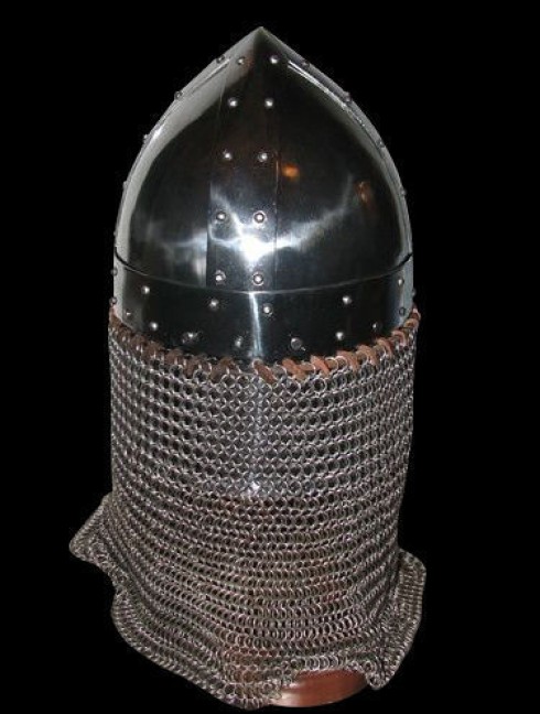 Conical spangen helmet of the XII century with bar grill Corazza