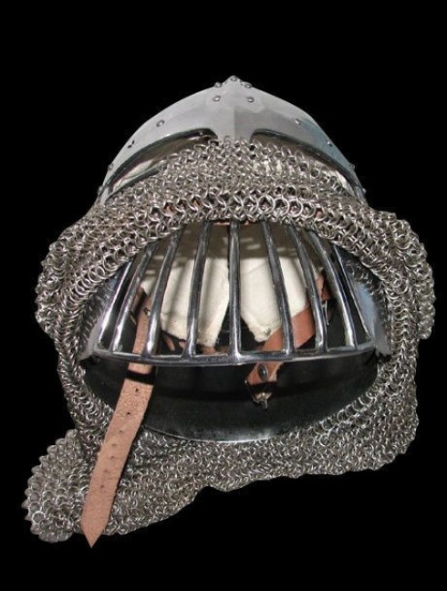 Conical spangen helmet of the XII century with bar grill Corazza