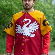 Scarlet tabard with white rising swan and black lilies image-1