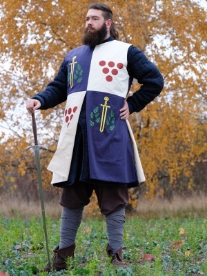 Tabard with silk-screening of scarlet dots, golden swords, and green oak leaves