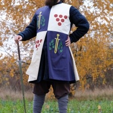Tabard with silk-screening of scarlet dots, golden swords, and green oak leaves image-1