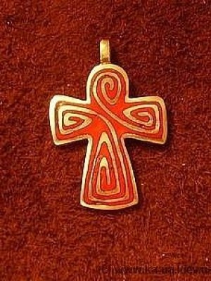 Enameled Celtic Cross pendant with spiral pattern 