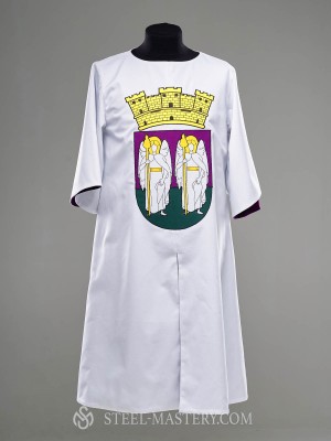 White cotton tabard with purple lining and decoration