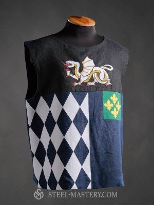 Medieval coat of arms decorated with a dragon, chess pattern and royal lilacs – Fleur-De-Lis