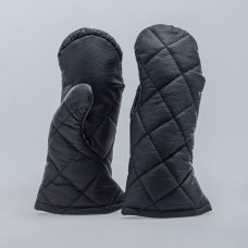 BLACK LEATHER MITTENS WITH DIAMOND STITCHING IN STOCK image-1