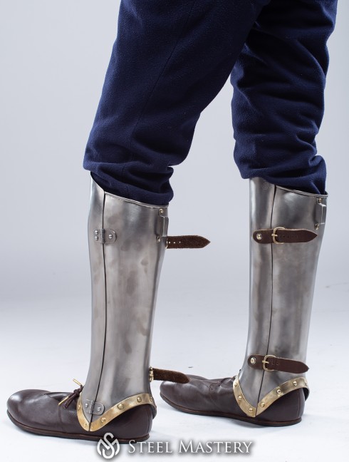 Titanium greaves with brass decoration Ready padded armour