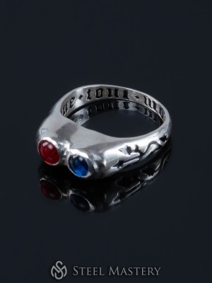 Medieval ring with two gems and inscription "Due tout mon coer" ("With all my heart"). France or England, 15th century