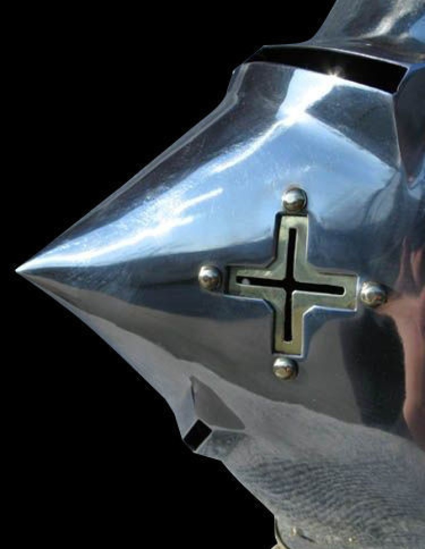 Bascinet houndskull with brass decoration and cross on the cheek photo made by Steel-mastery.com