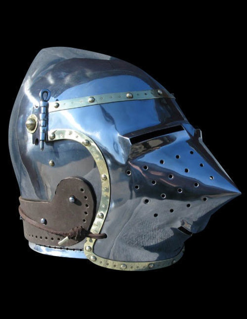 Bascinet hounskull with brass decoration and cross on the cheek photo made by Steel-mastery.com
