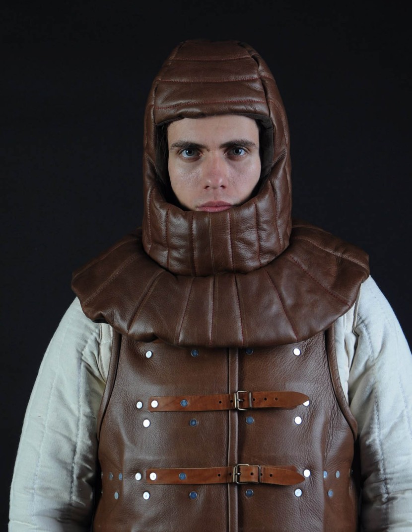 Leather padded medieval coif photo made by Steel-mastery.com