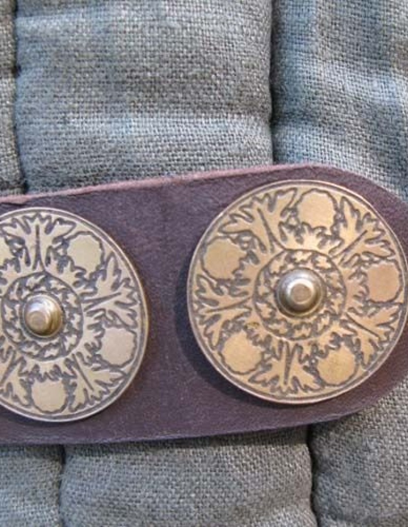 Leather belt with round etched plates photo made by Steel-mastery.com