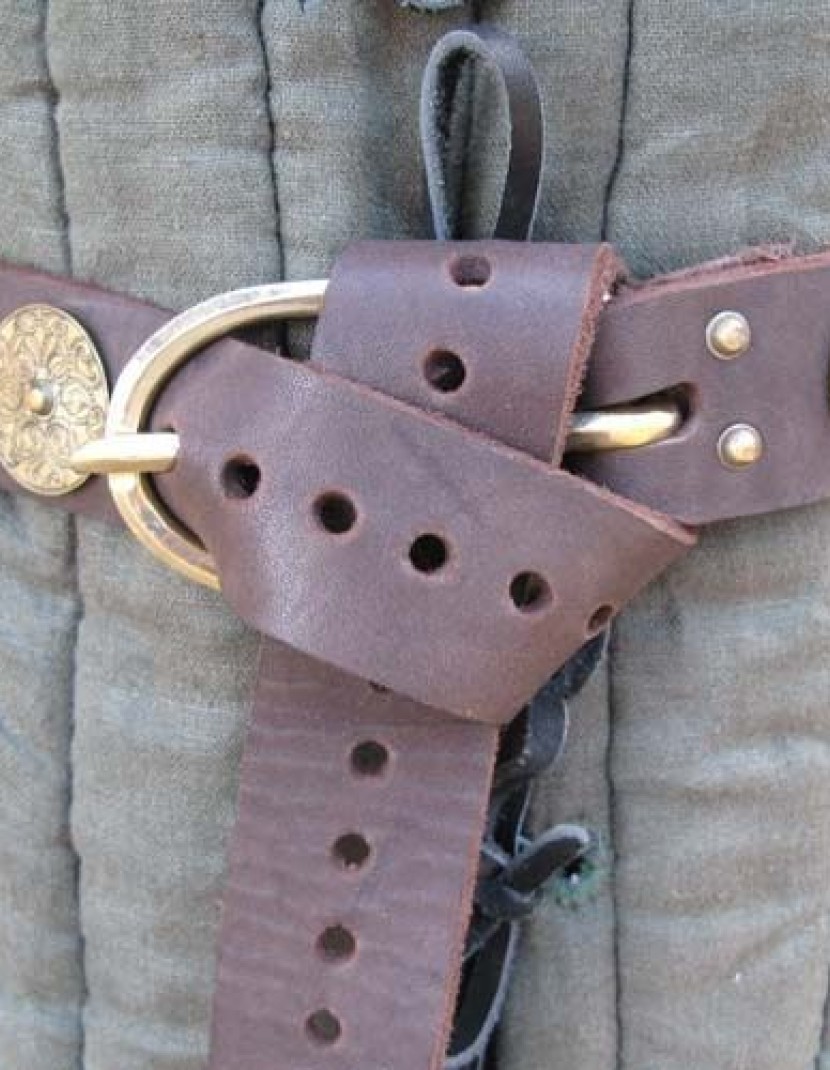 Leather belt with round brass plates photo made by Steel-mastery.com