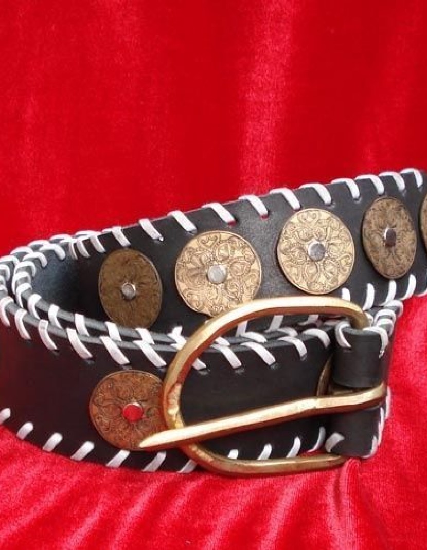 Leather belt with round brass plates 3 photo made by Steel-mastery.com