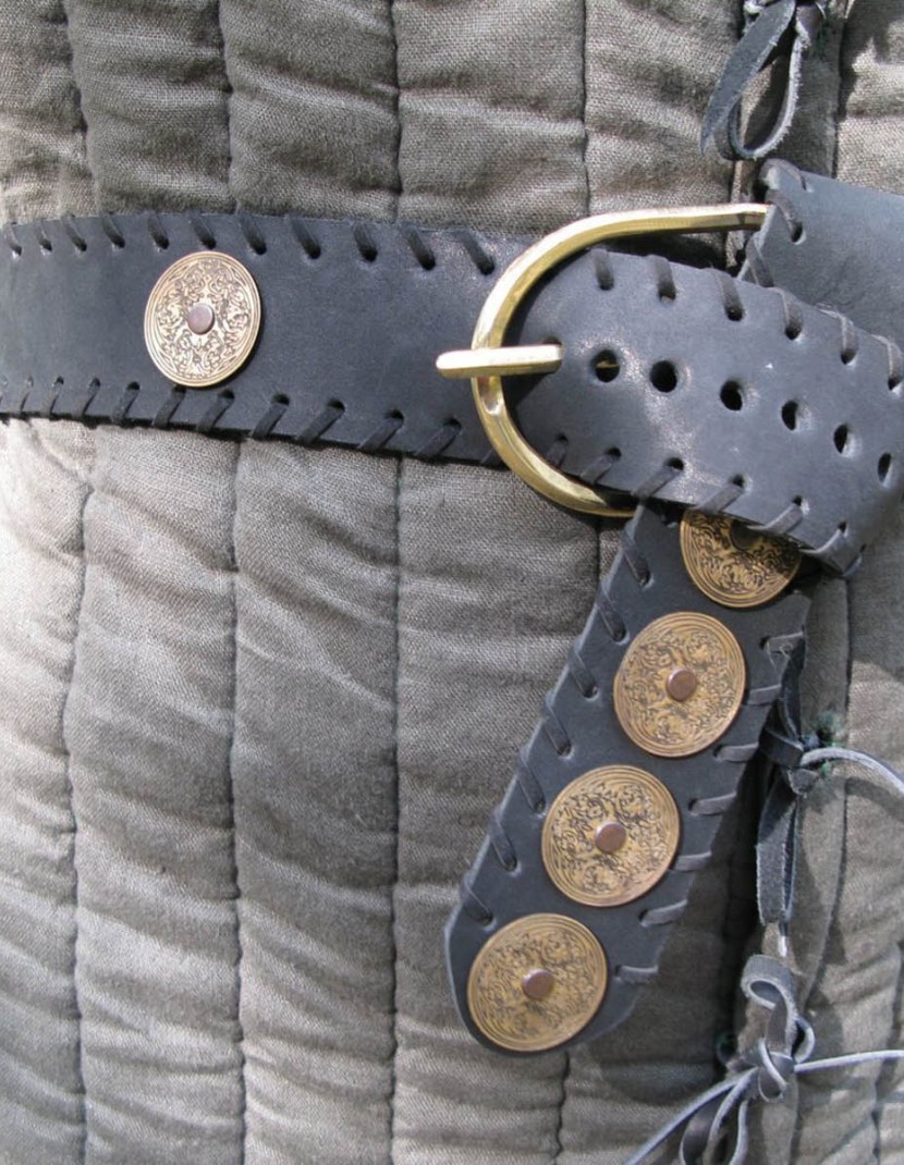 Leather belt with round brass plates 4 photo made by Steel-mastery.com