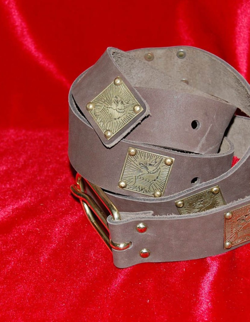Leather belt with etched plaques photo made by Steel-mastery.com