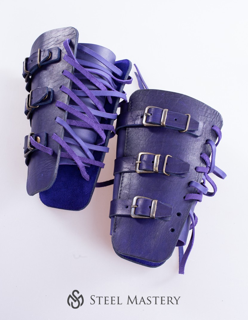 Purple leather bracers for LARP and fantasy events photo made by Steel-mastery.com