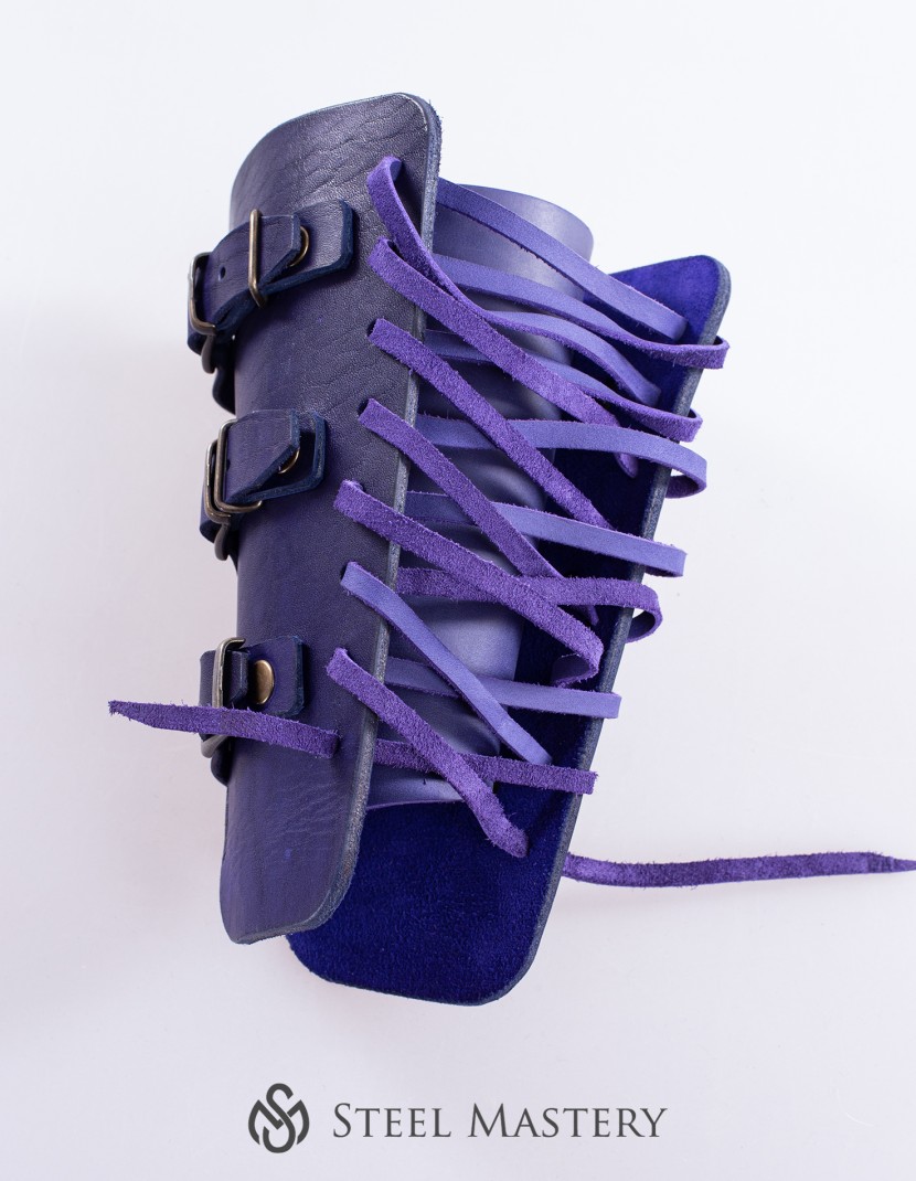 Purple leather bracers for LARP and fantasy events photo made by Steel-mastery.com