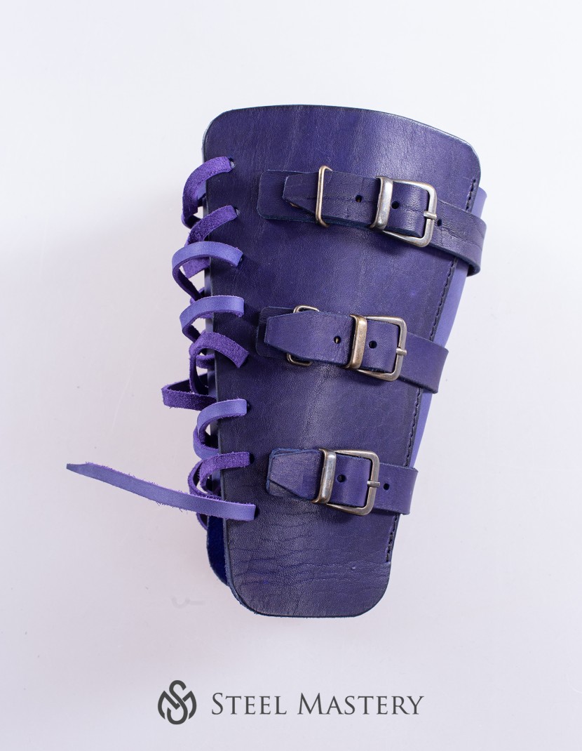 Purple leather bracers for LARP and fantasy events photo made by Steel-mastery.com