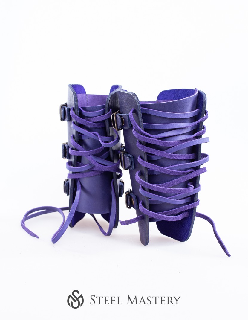 Purple leather bracers for LARP and fantasy events photo made by Steel-mastery.com