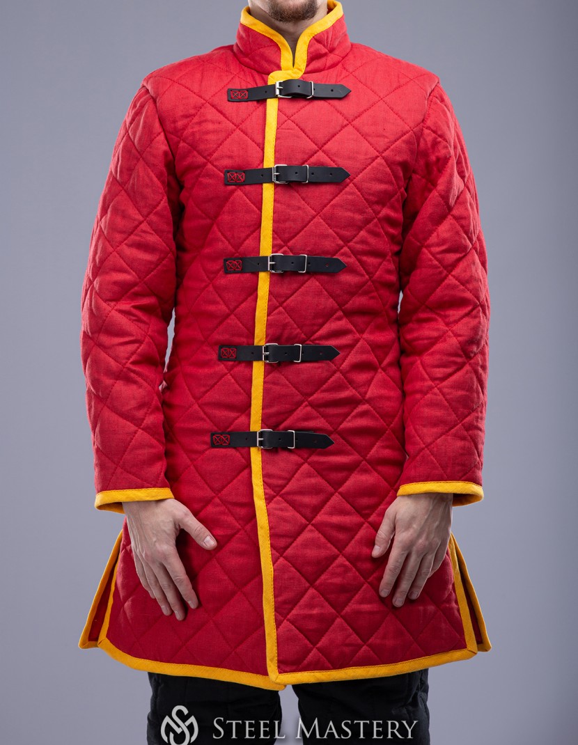 S size linen red gambeson with contrast yellow edge  photo made by Steel-mastery.com