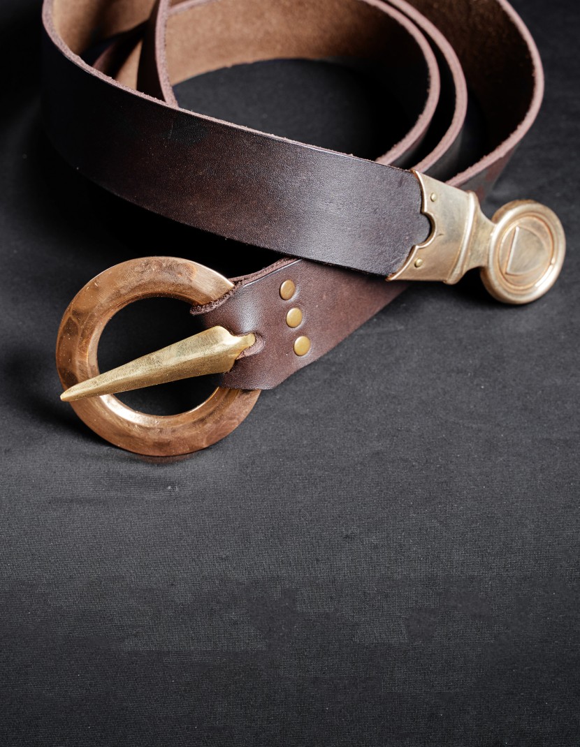 Leather belt with bronze buckle and strapend photo made by Steel-mastery.com