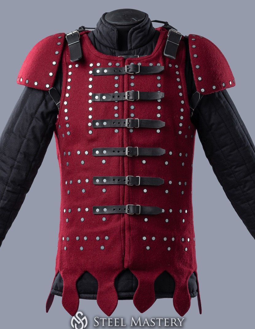 Wine red woolen brigandine with spaulders, L size in STOCK photo made by Steel-mastery.com