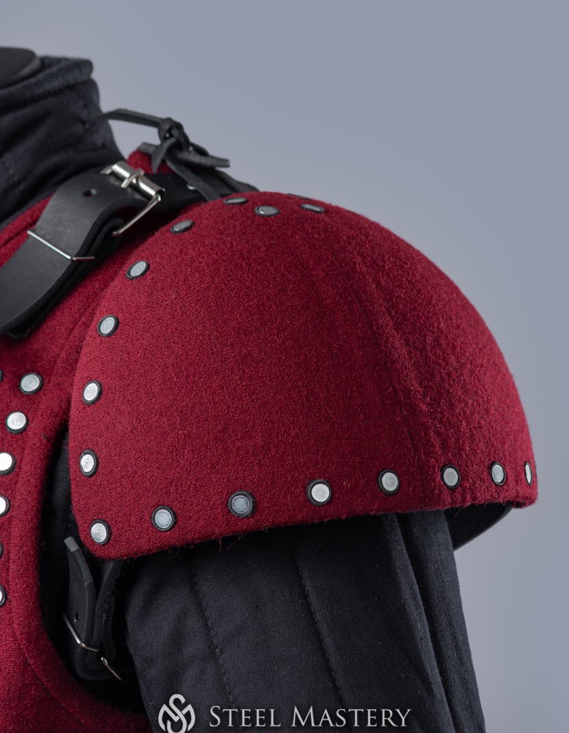 Wine red woolen brigandine with spaulders, L size in STOCK photo made by Steel-mastery.com