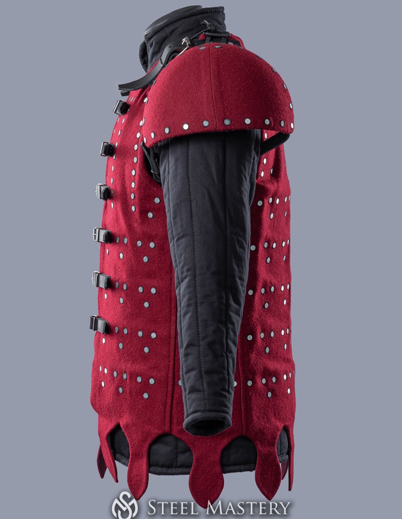 Wine red woolen brigandine with spaulders, L size in STOCK photo made by Steel-mastery.com