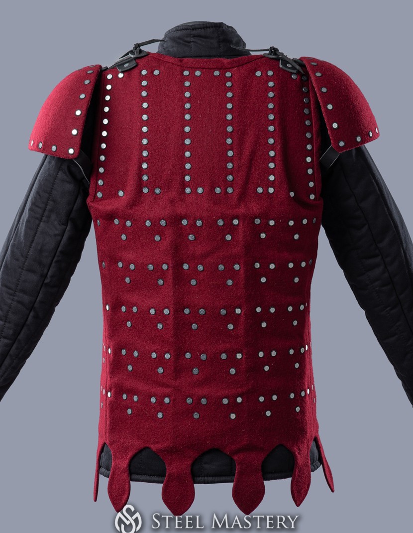 Wine red woolen brigandine with spaulders, L size in STOCK photo made by Steel-mastery.com