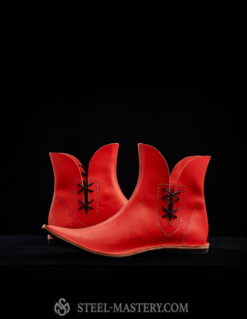 Poulaine medieval style boots, red photo made by Steel-mastery.com