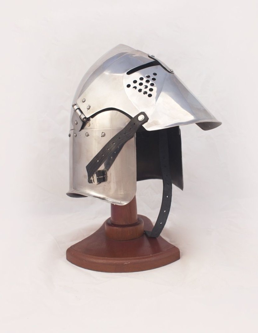 Helmet for SCA fencing with lifting visor and chased design on the visor photo made by Steel-mastery.com