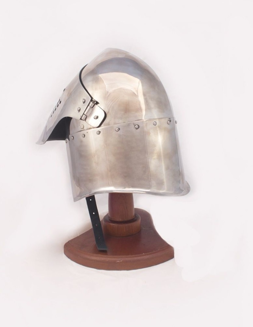 Helmet for SCA fencing with lifting visor and chased design on the visor photo made by Steel-mastery.com