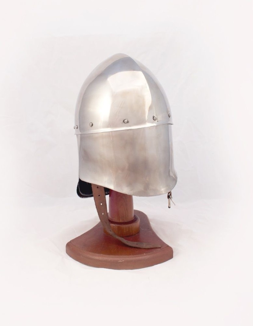 Helmet for medieval SCA fencing with non-lifting visor and neck protection photo made by Steel-mastery.com