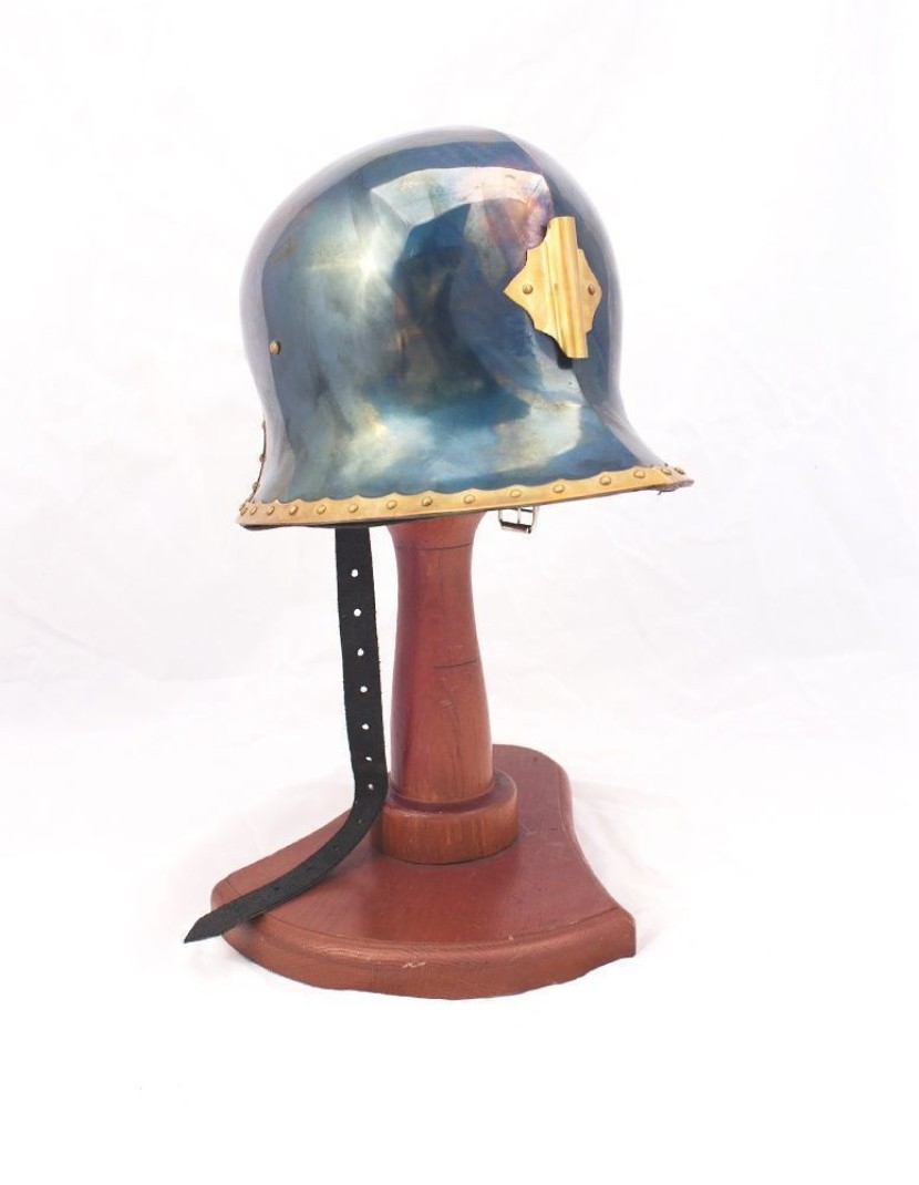 Blued sallet with forehead brass plate and installed leather liner and chin strap photo made by Steel-mastery.com