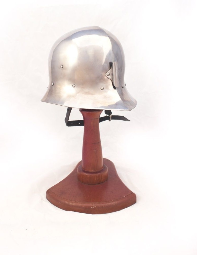 Sallet with additional forehead plate and installed leather liner and chin strap photo made by Steel-mastery.com