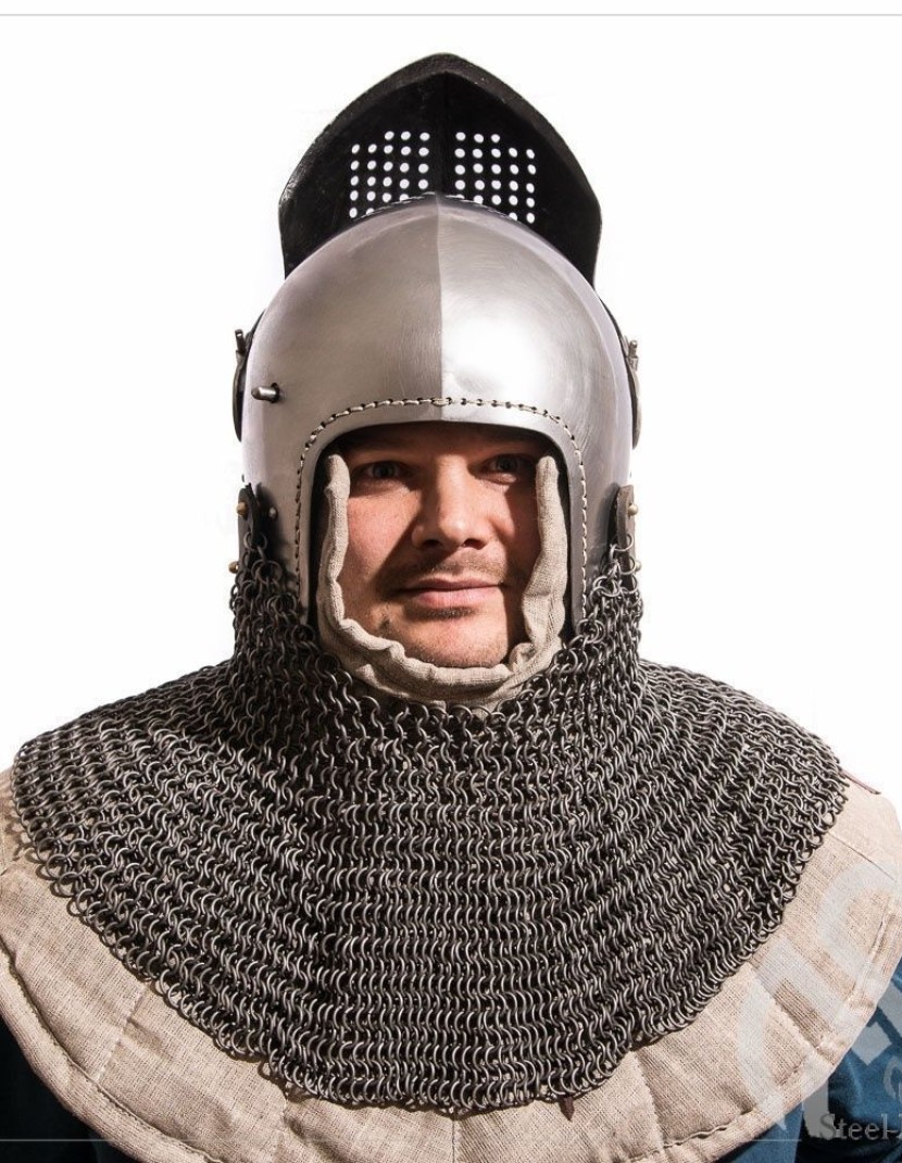 Bascinet 1350-1440 years with Single Ocular visor. Ready to ship. photo made by Steel-mastery.com