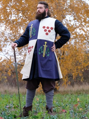 Tabard with silk-screening of scarlet dots, golden swords, and green oak leaves