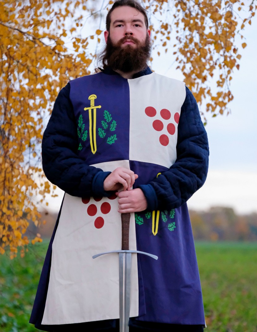 Tabard with silk-screening of scarlet dots, golden swords, and green oak leaves photo made by Steel-mastery.com