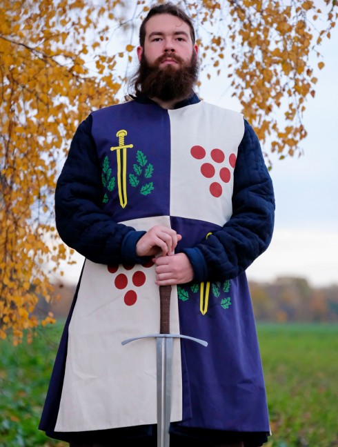 yarmo（ヤーモ）Military Quilted Tabard Dress Tabard with silk-screening of scarlet dots, golden swords, and