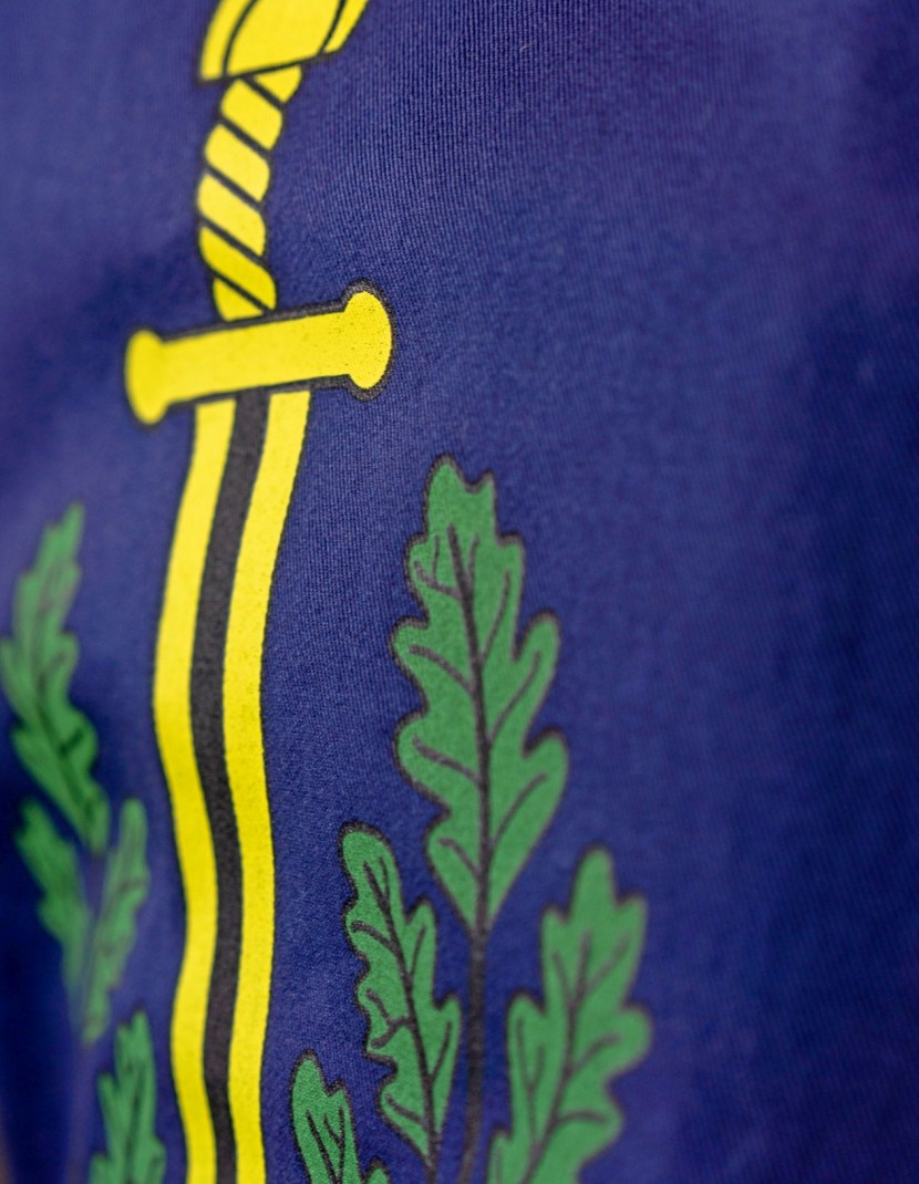 Tabard with silk-screening of scarlet dots, golden swords, and green oak leaves photo made by Steel-mastery.com