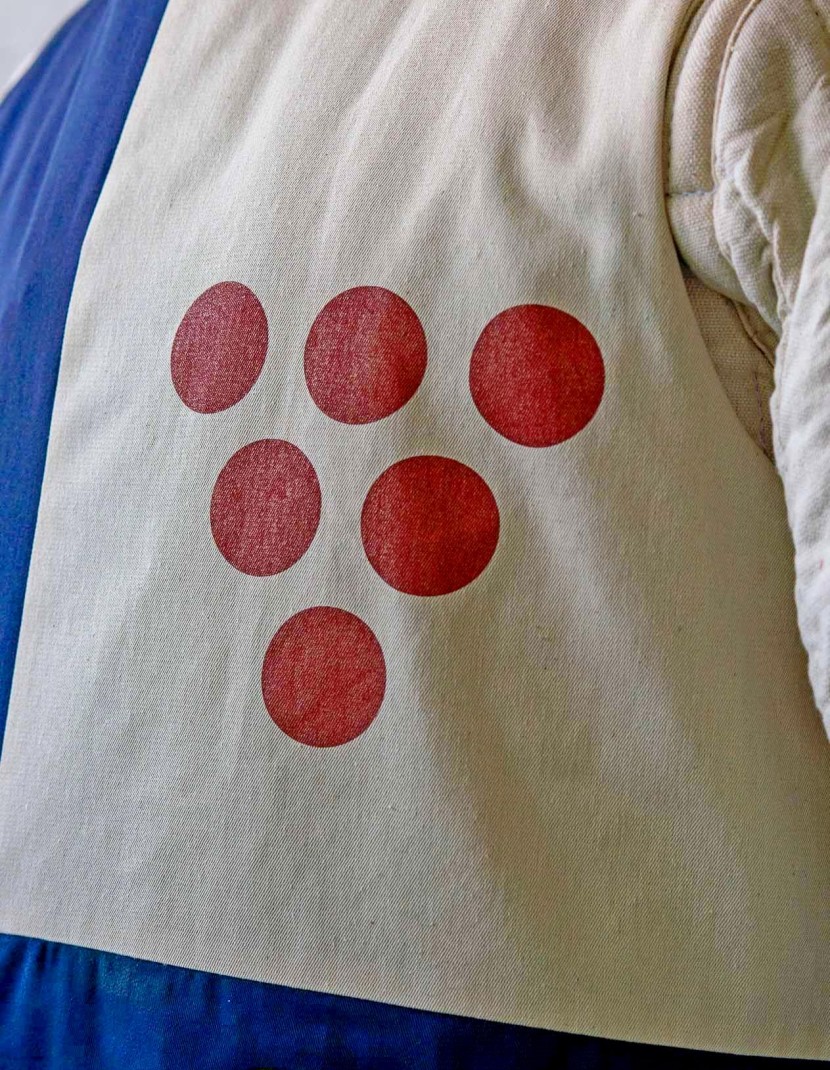 Tabard with silk-screening of scarlet dots, golden swords, and green oak leaves photo made by Steel-mastery.com