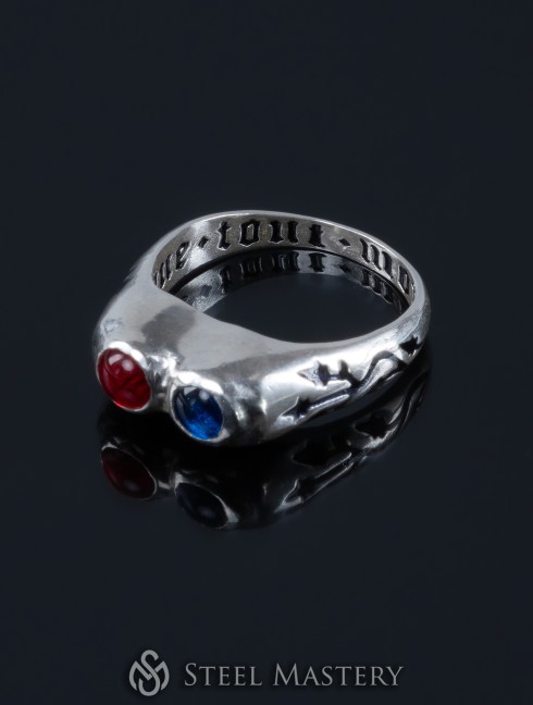 Medieval ring with two gems and inscription "Due tout mon coer" ("With all my heart"). France or England, 15th century