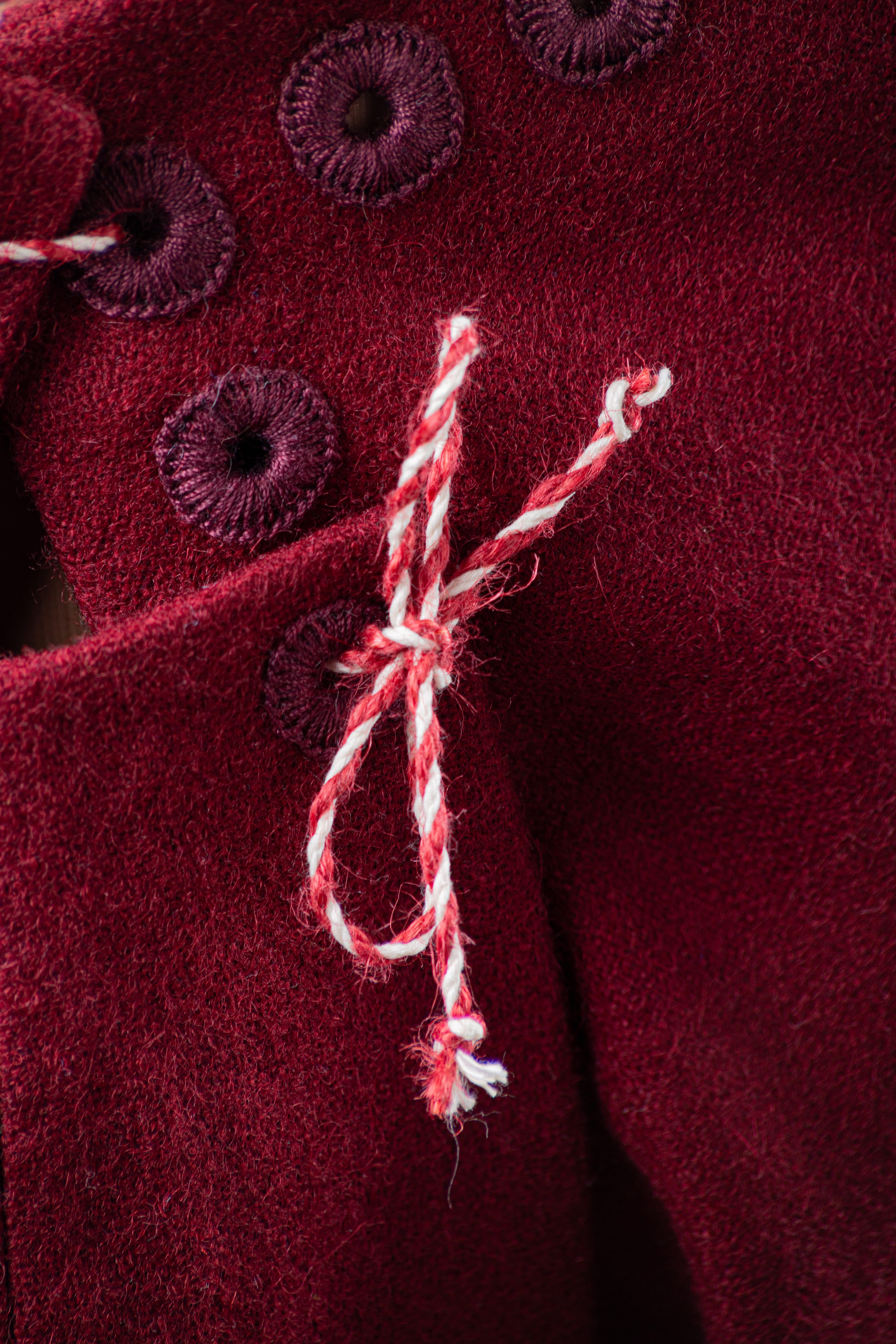 Fastenings: hand-sewn loops with braided ropes