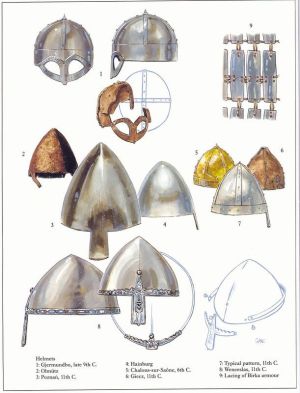 Viking, conical and Slavic helmets